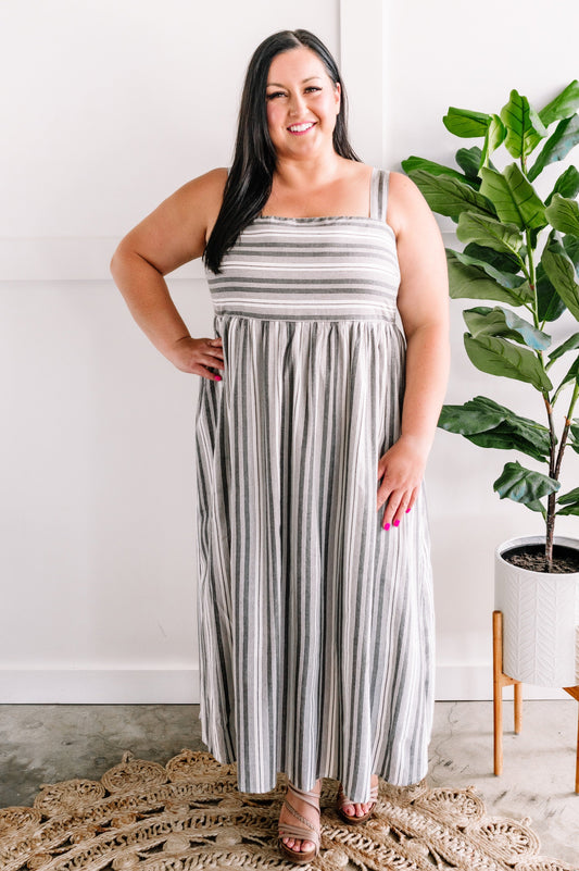 Smocked Maxi Dress In Grey & Ivory Stripes - Body By J'ne