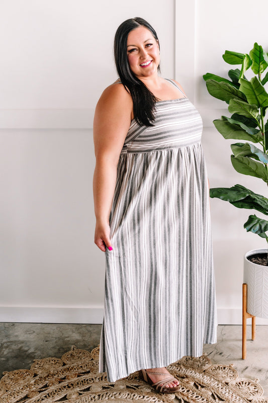 Smocked Maxi Dress In Grey & Ivory Stripes - Body By J'ne