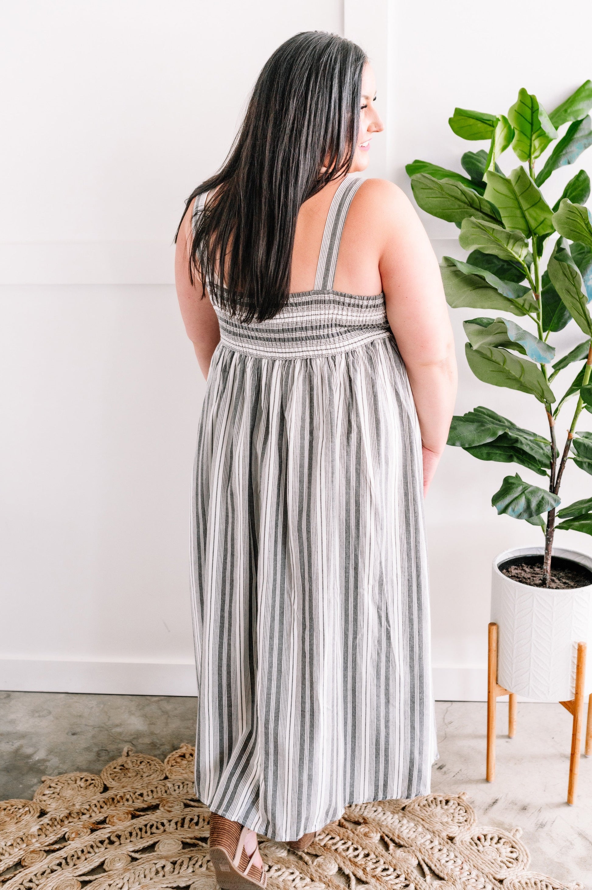 Smocked Maxi Dress In Grey & Ivory Stripes - Body By J'ne