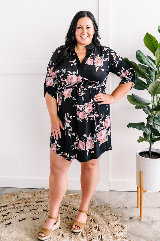 Floral Gabby Dress With Tie Belt In Black - Body By J'ne