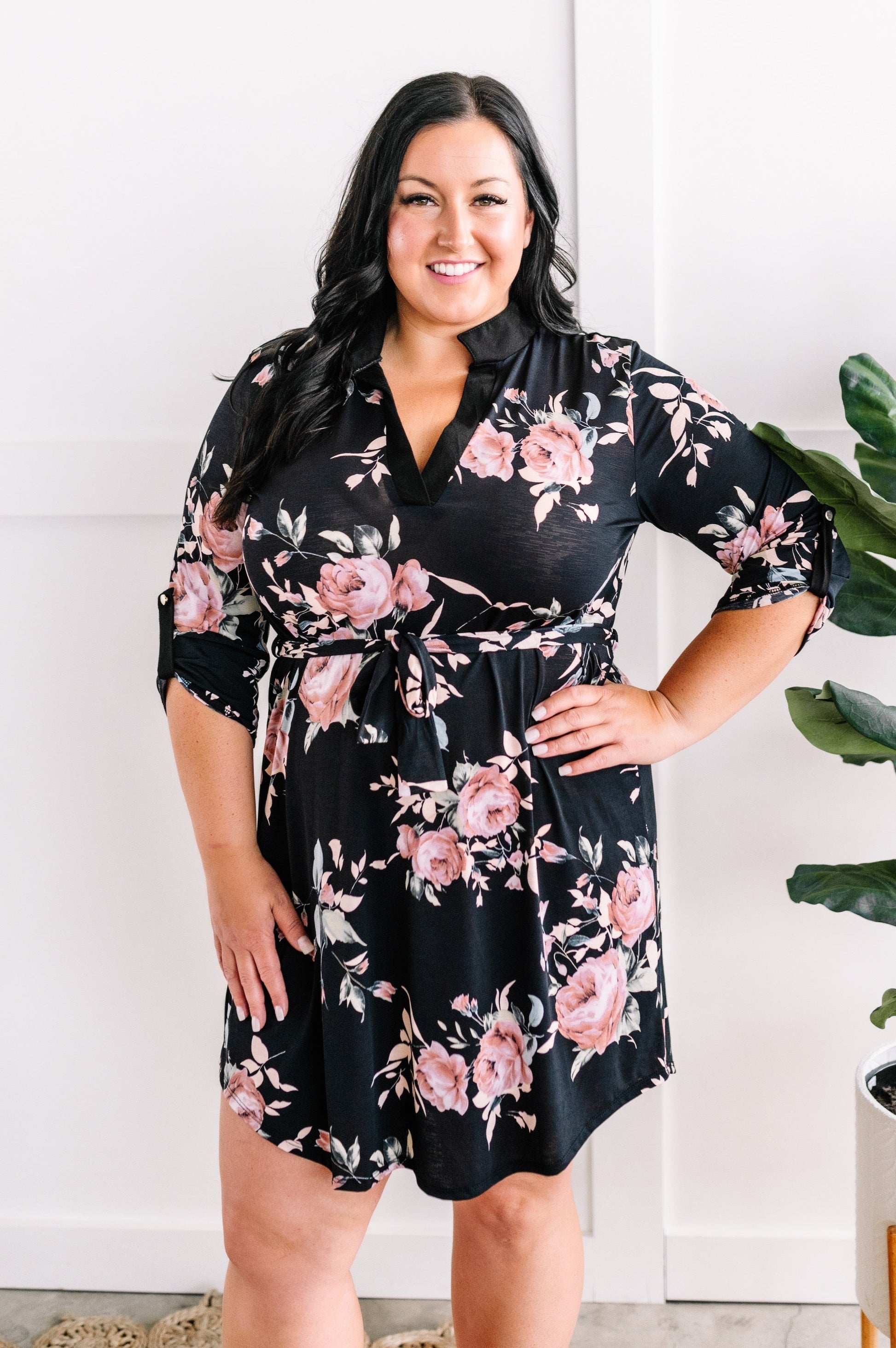 Floral Gabby Dress With Tie Belt In Black - Body By J'ne