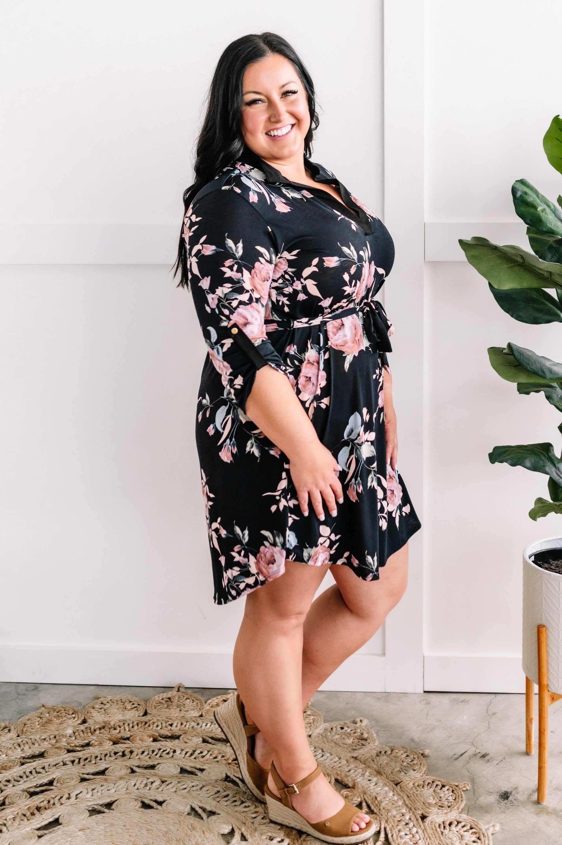 Floral Gabby Dress With Tie Belt In Black - Body By J'ne