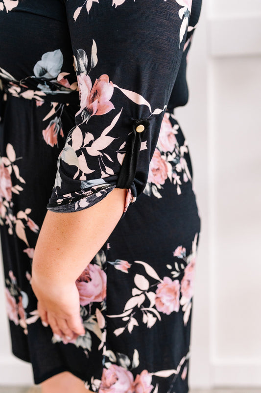 Floral Gabby Dress With Tie Belt In Black - Body By J'ne