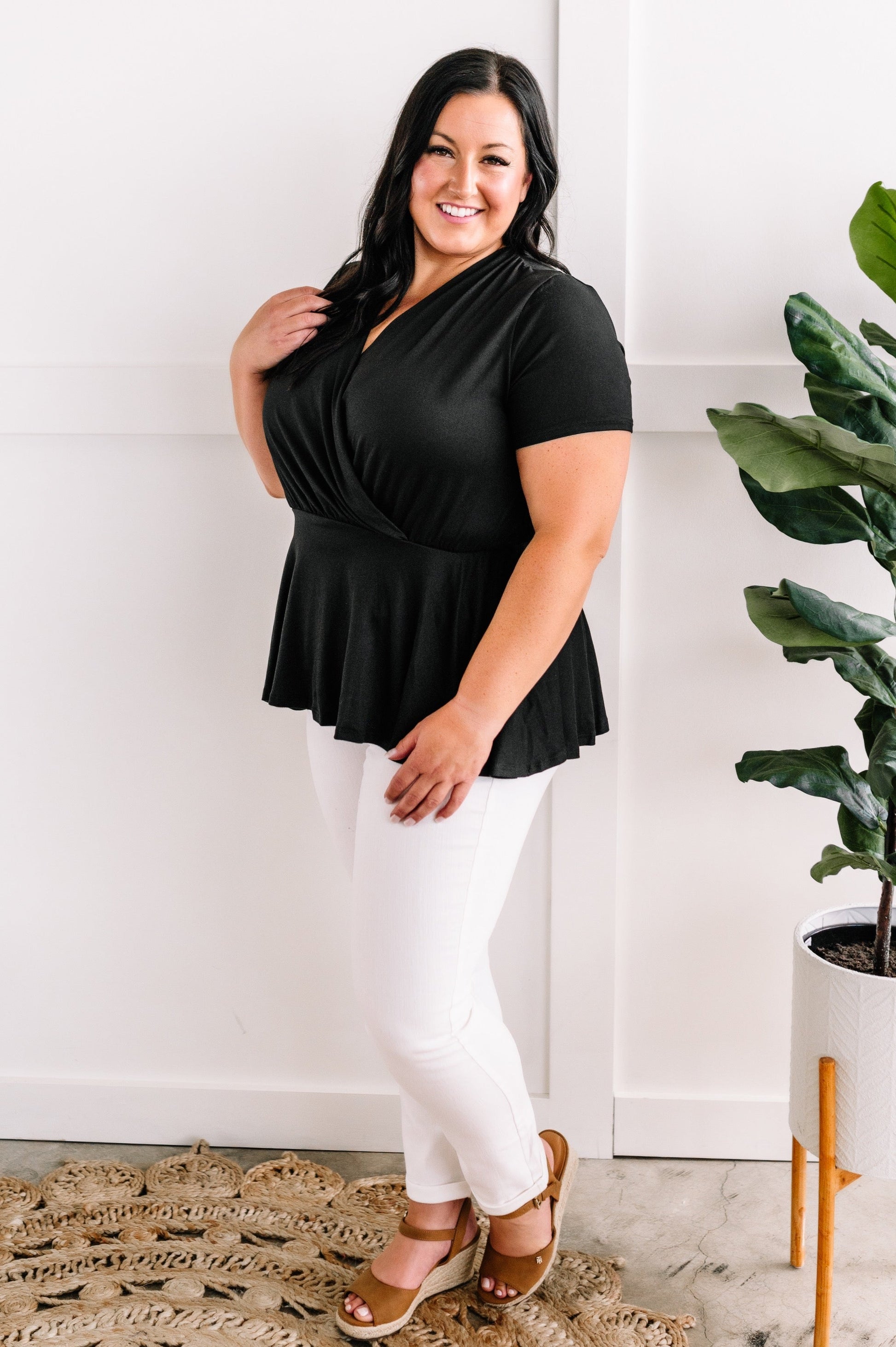 Peplum Surplice Top In Black - Body By J'ne