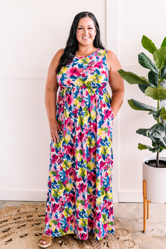 Maxi Dress With Pockets In Bright Neon Flowers - Body By J'ne