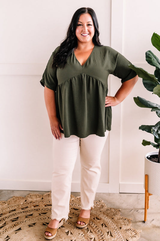 V Neck Babydoll Blouse In Olive - Body By J'ne