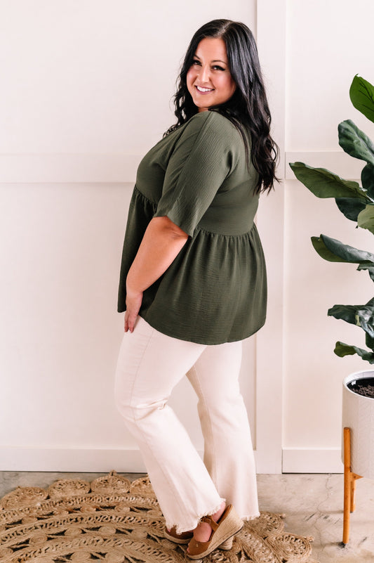 V Neck Babydoll Blouse In Olive - Body By J'ne