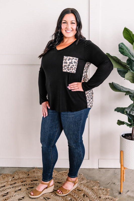 Long Sleeve Pocket Top With Leopard Contrast In Black - Body By J'ne