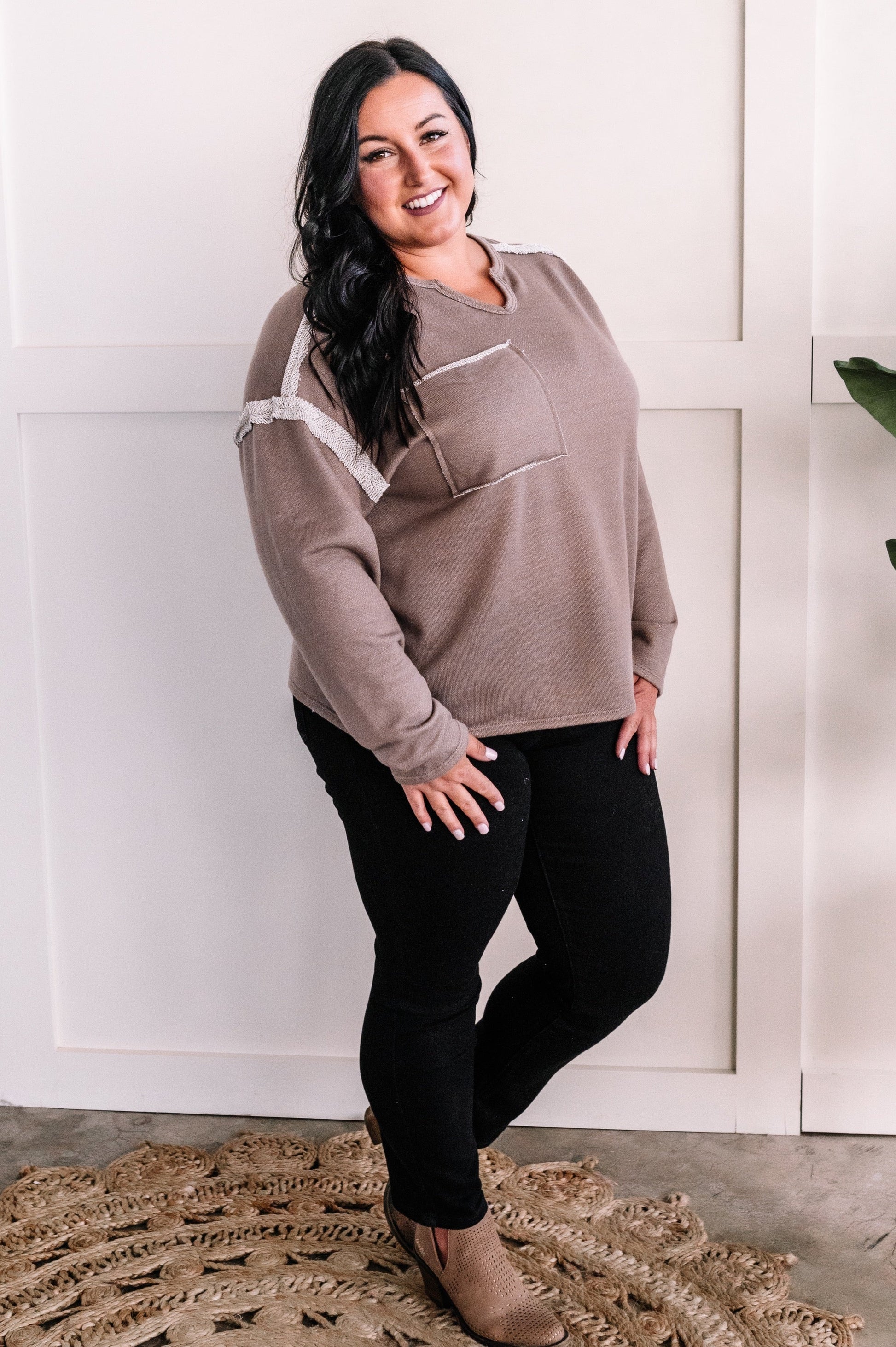 Oversized Long Sleeve Top With Exposed Seams In Light Mocha - Body By J'ne