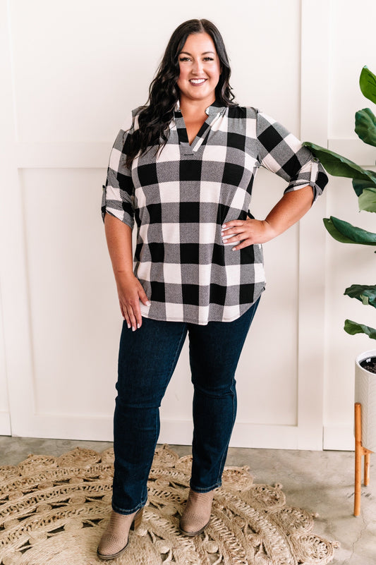 Gabby Front Tunic Top With Button Sleeve Detail In Black & White Plaid - Body By J'ne