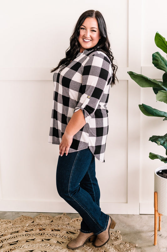 Gabby Front Tunic Top With Button Sleeve Detail In Black & White Plaid - Body By J'ne