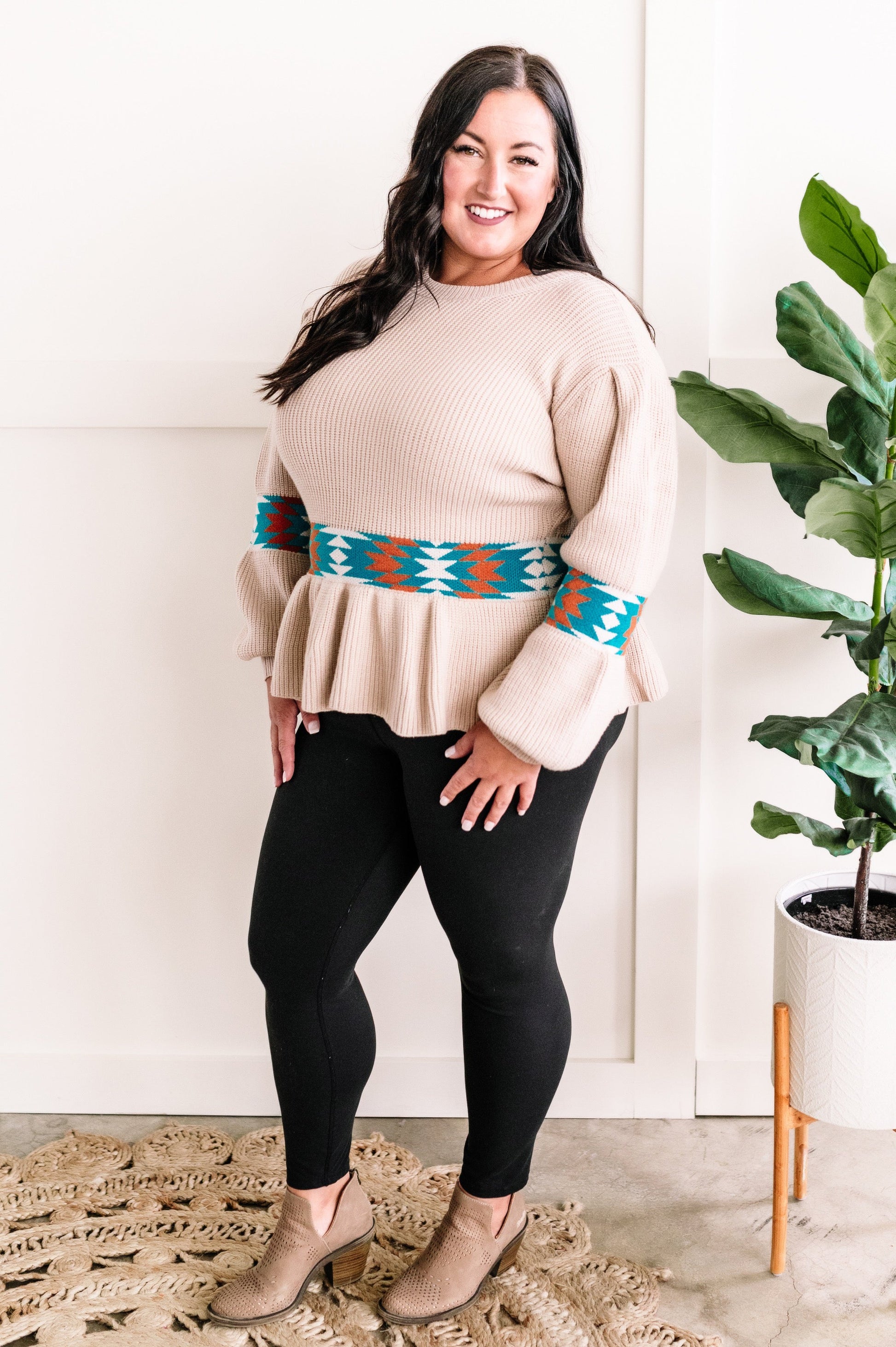 Long Sleeve Peplum Knit Sweater In Southwest Aztec - Body By J'ne