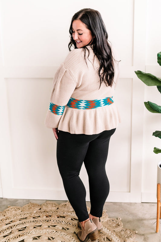 Long Sleeve Peplum Knit Sweater In Southwest Aztec - Body By J'ne