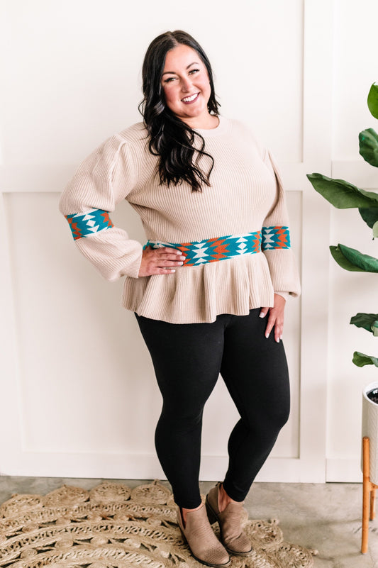 Long Sleeve Peplum Knit Sweater In Southwest Aztec - Body By J'ne