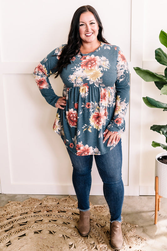 Long Sleeve Babydoll Top In Blue Florals - Body By J'ne