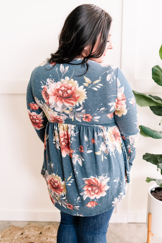 Long Sleeve Babydoll Top In Blue Florals - Body By J'ne