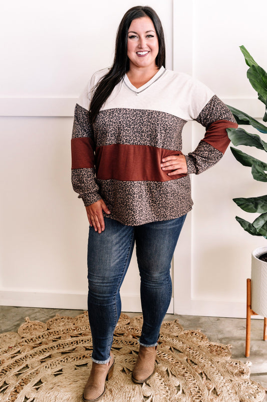 V Neck Long Sleeve Color Block Top In Rust & Neutral Leopard - Body By J'ne