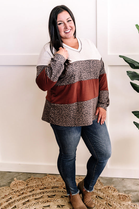 V Neck Long Sleeve Color Block Top In Rust & Neutral Leopard - Body By J'ne