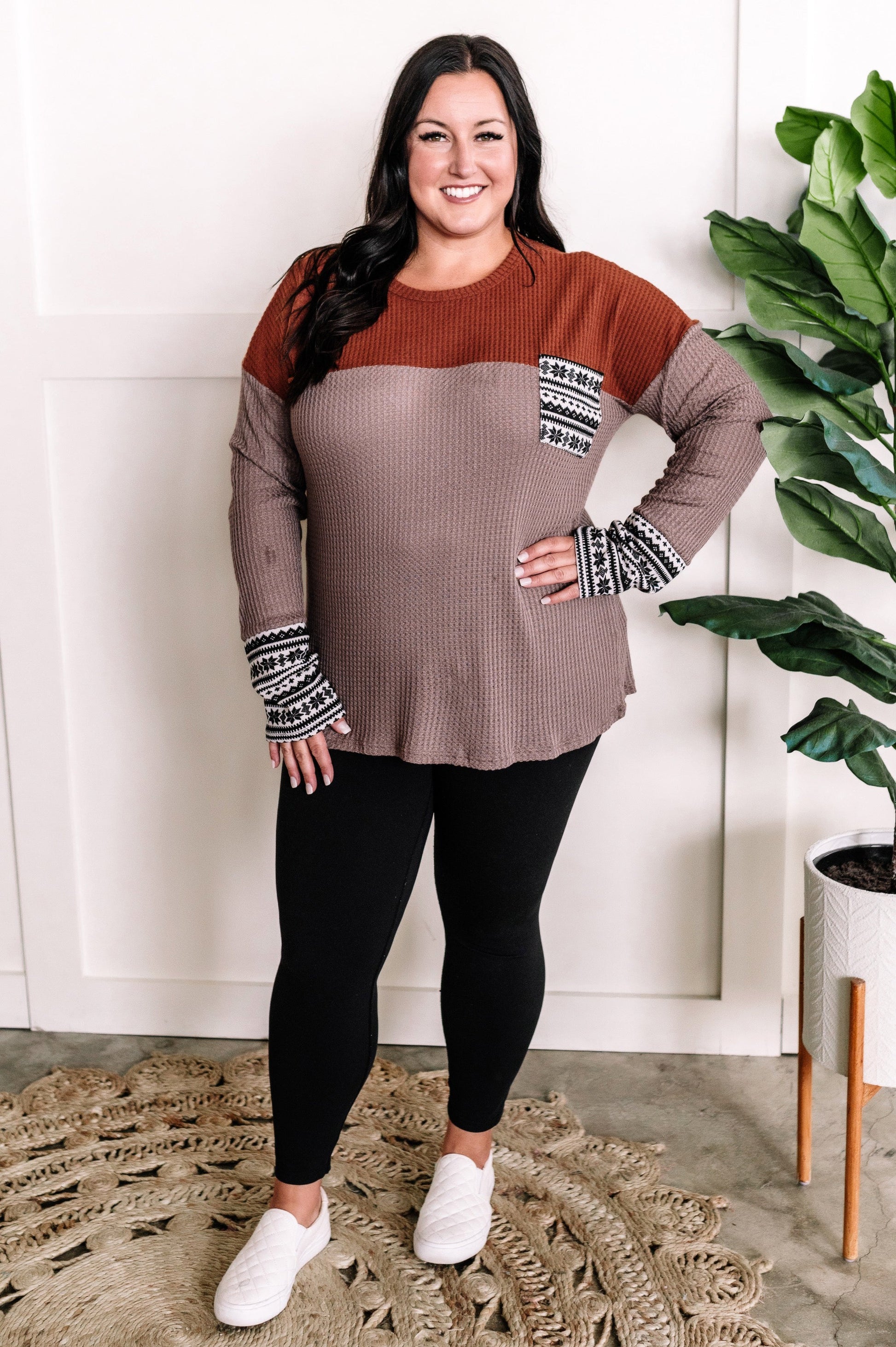 Waffle Knit Long Sleeve Top In Rust & Beige With Snowflake Detail - Body By J'ne