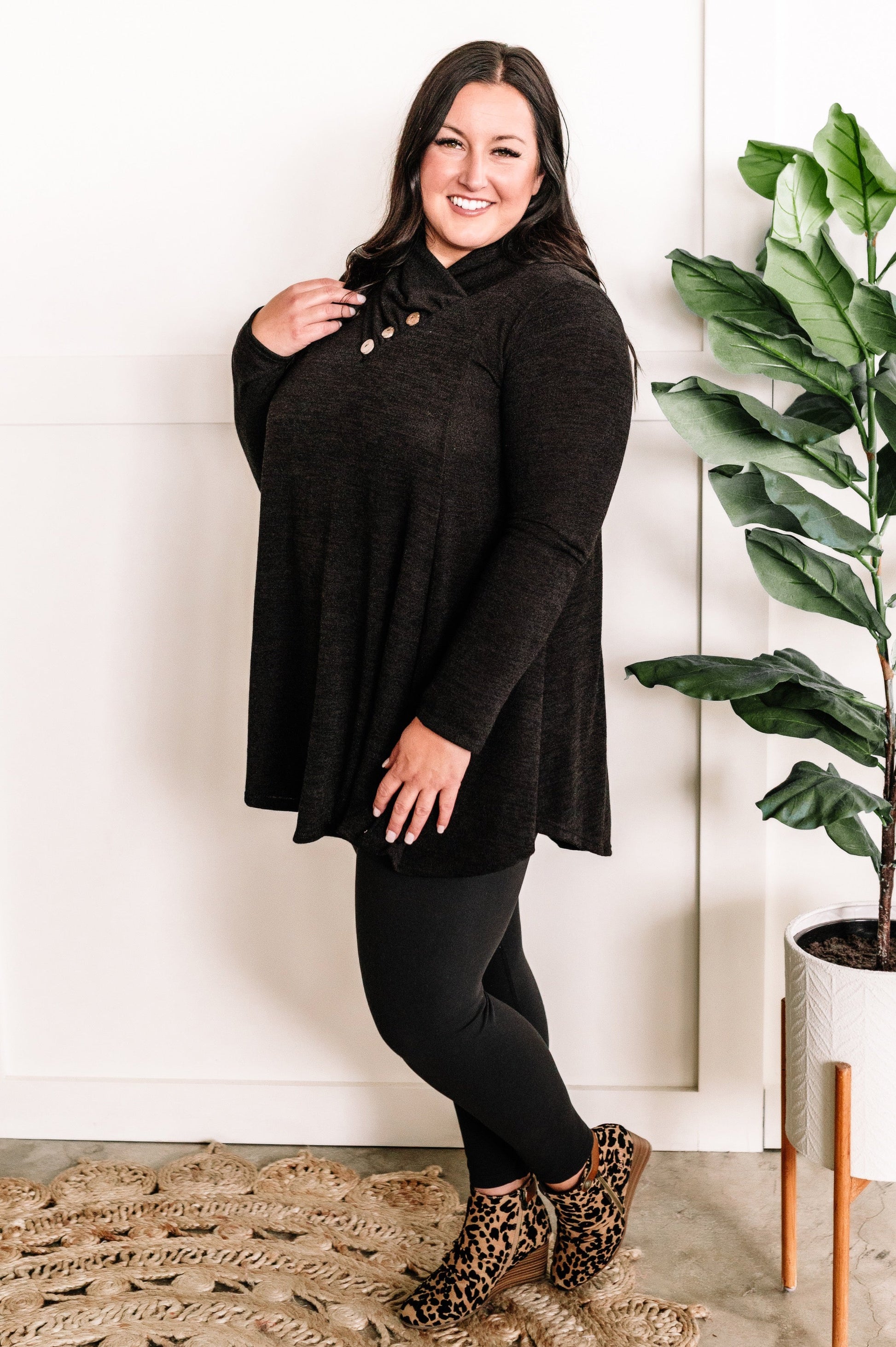 Crossover Cowl Neck Fit & Flare Tunic Sweater In Black - Body By J'ne