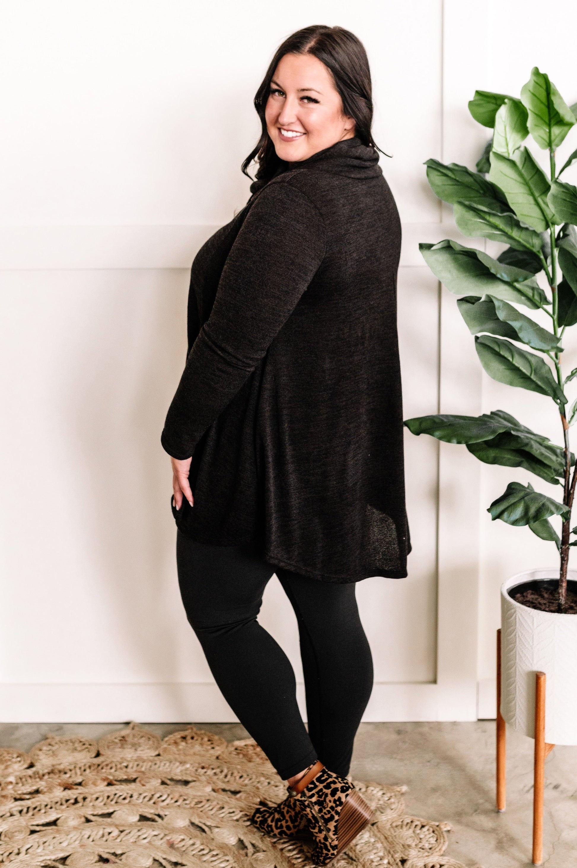 Crossover Cowl Neck Fit & Flare Tunic Sweater In Black - Body By J'ne