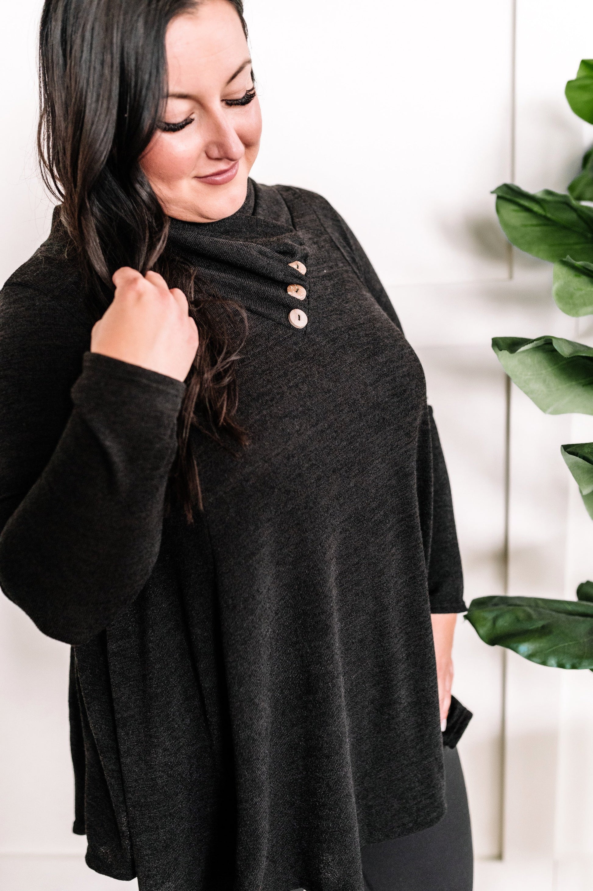 Crossover Cowl Neck Fit & Flare Tunic Sweater In Black - Body By J'ne