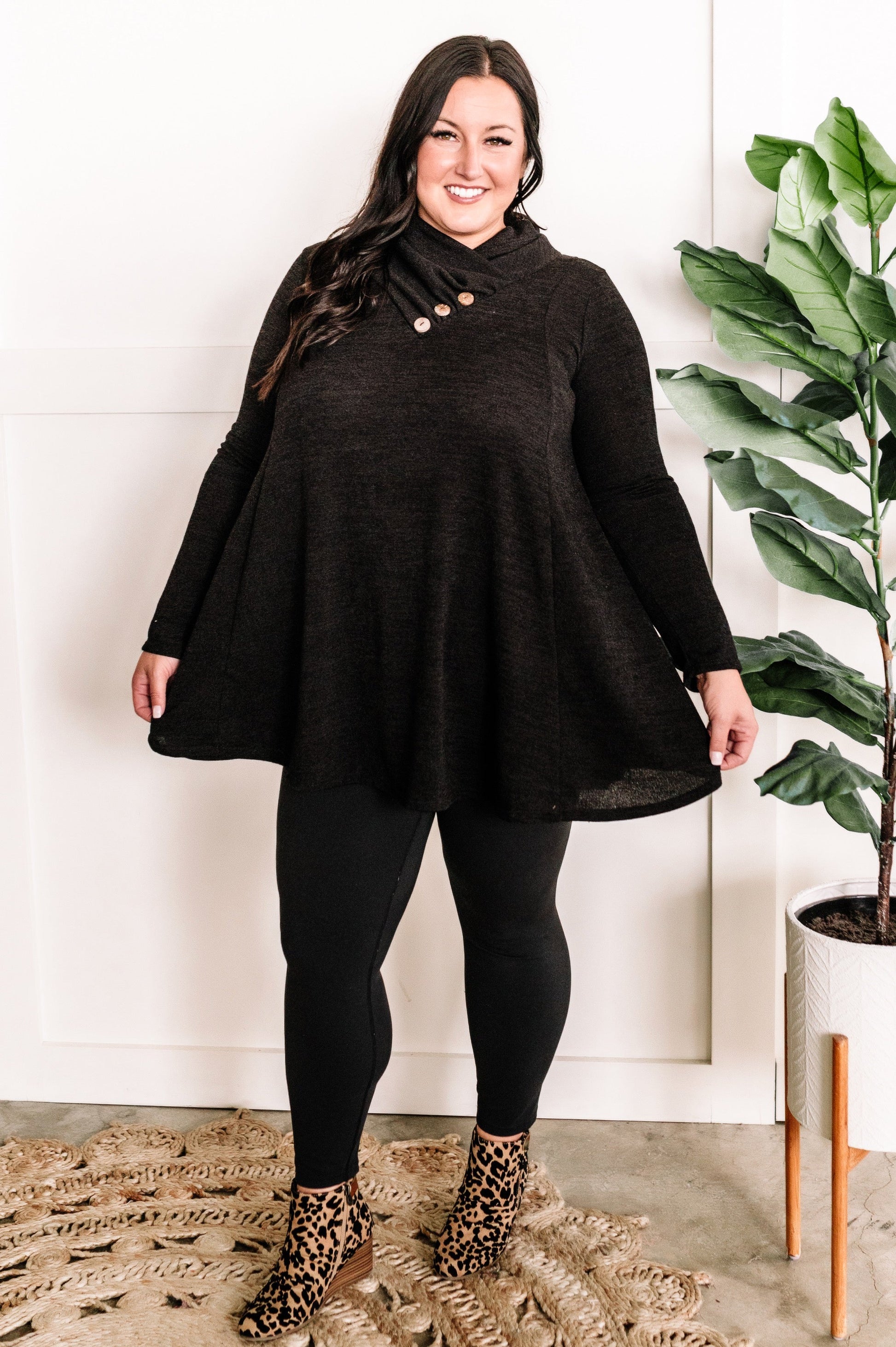 Crossover Cowl Neck Fit & Flare Tunic Sweater In Black - Body By J'ne