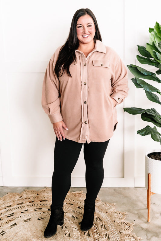 Fleece Shacket With Button Detail In Soft Beige - Body By J'ne