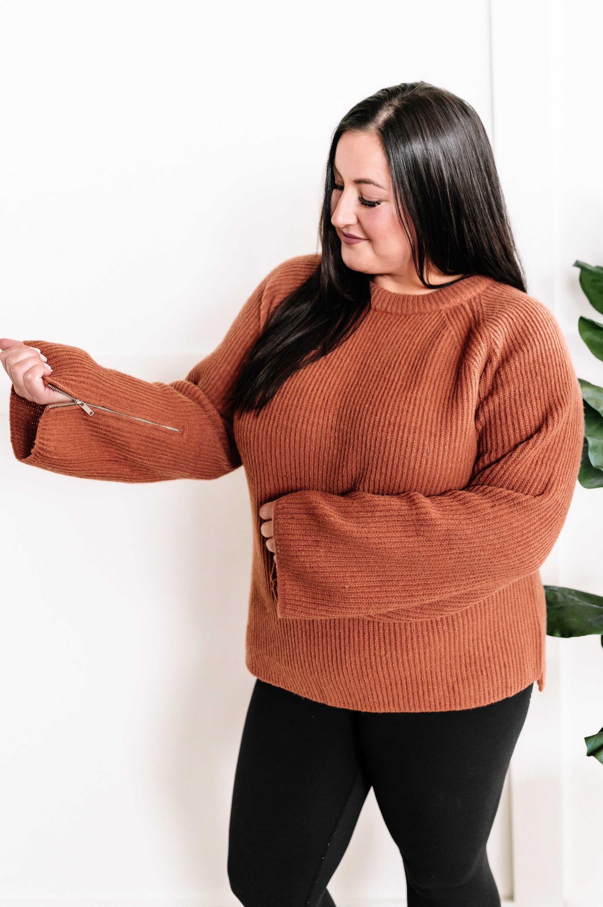 Knit Sweater With Zipper Sleeve Detail In Rustic Fall - Body By J'ne