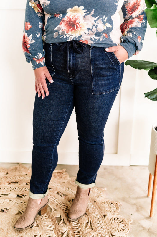 Dark Wash Denim Cuffed Joggers By Judy Blue Jeans - Body By J'ne