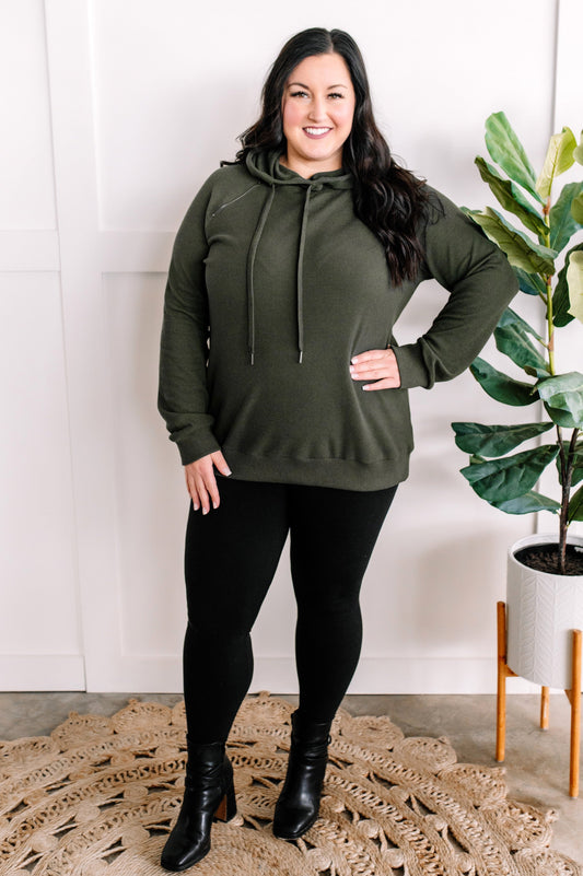 Thermal Pullover Hoodie With Zipper Detail In Olive - Body By J'ne