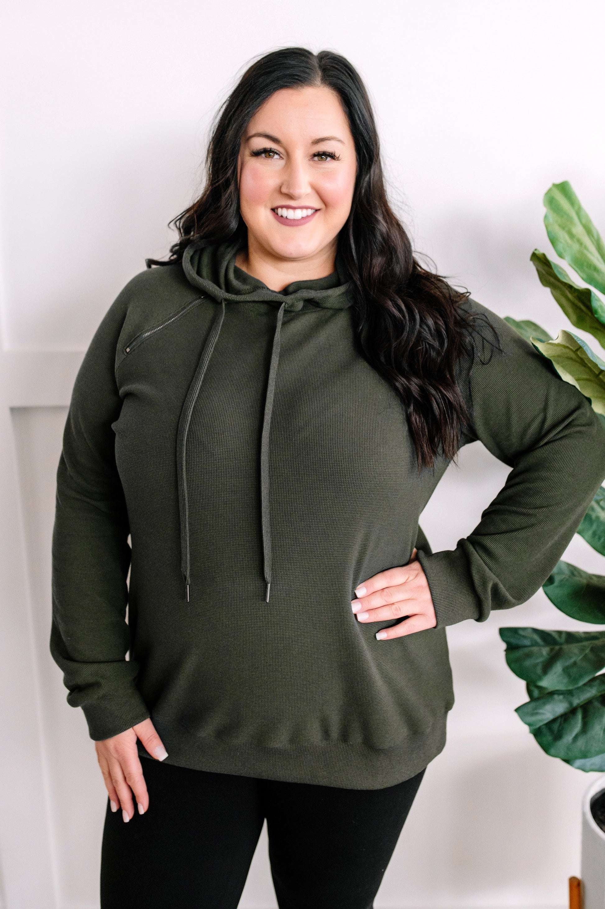 Thermal Pullover Hoodie With Zipper Detail In Olive - Body By J'ne