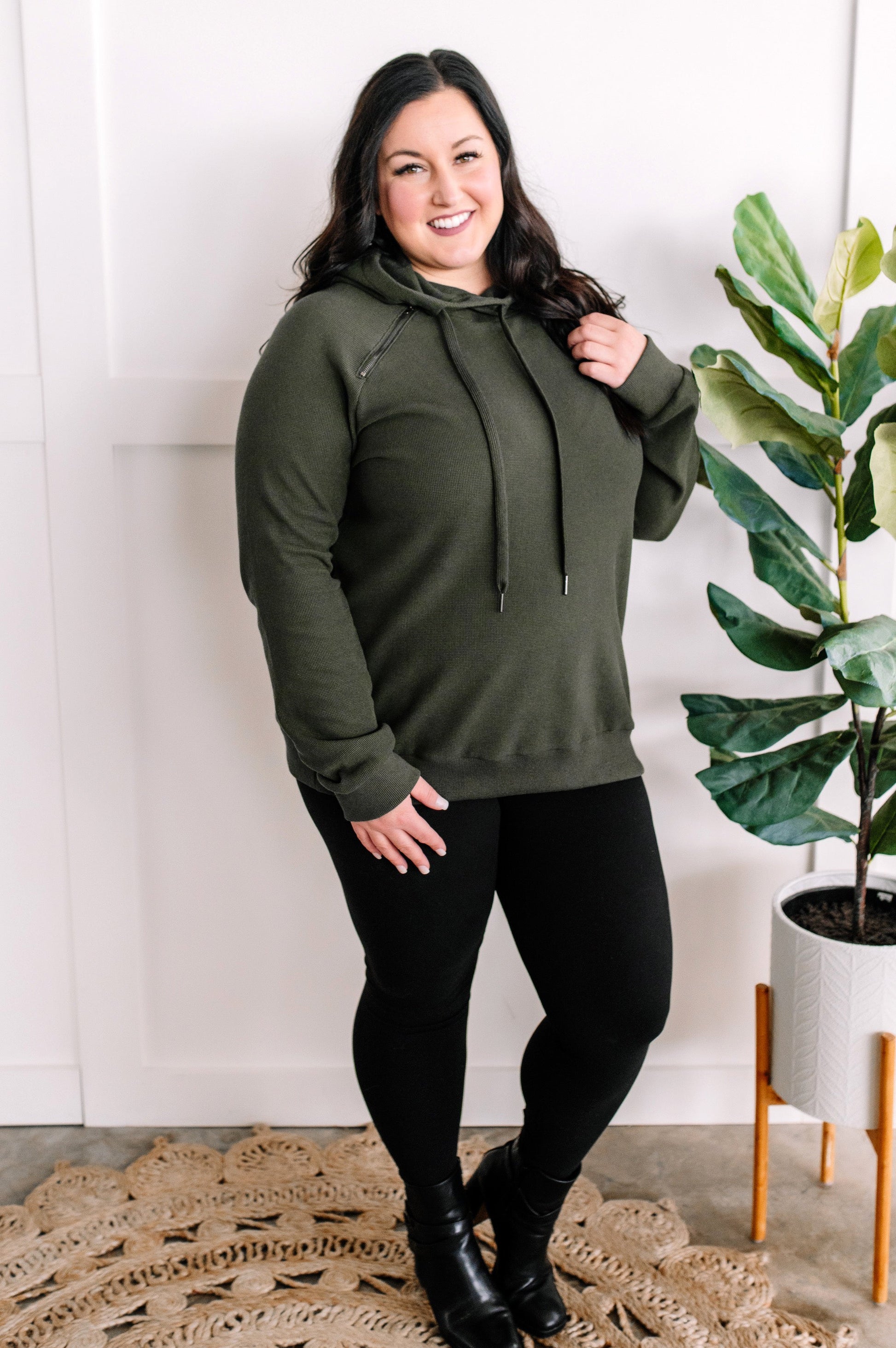 Thermal Pullover Hoodie With Zipper Detail In Olive - Body By J'ne