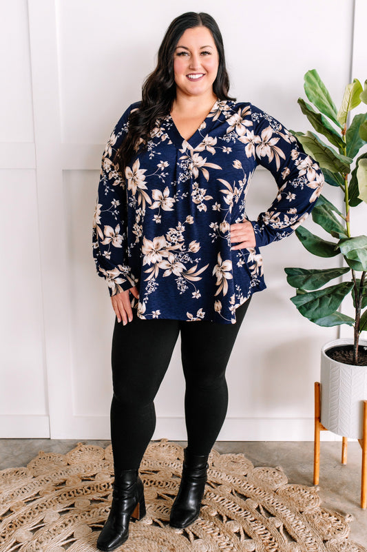 Floral Print Top With Elastic Sleeve In Navy & Natural - Body By J'ne