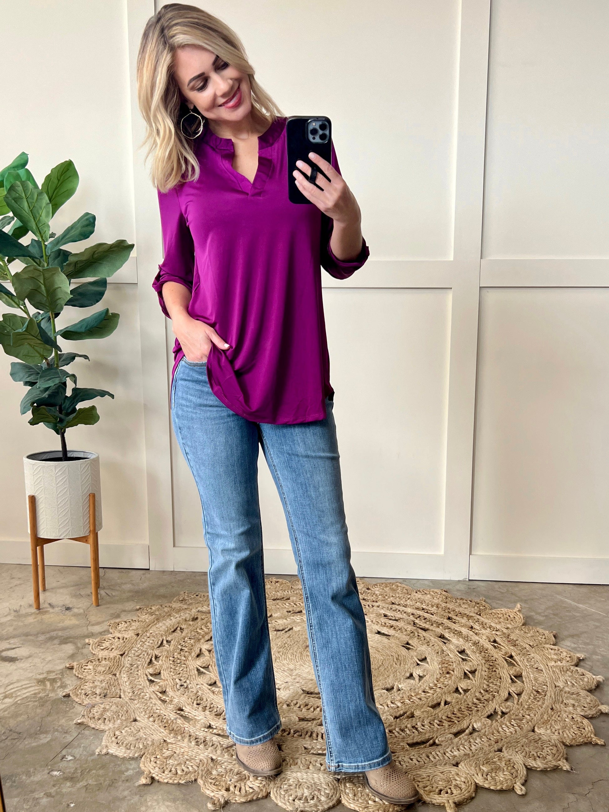 Gabby Front Top With Button Sleeve Detail In Bright Violet - Body By J'ne