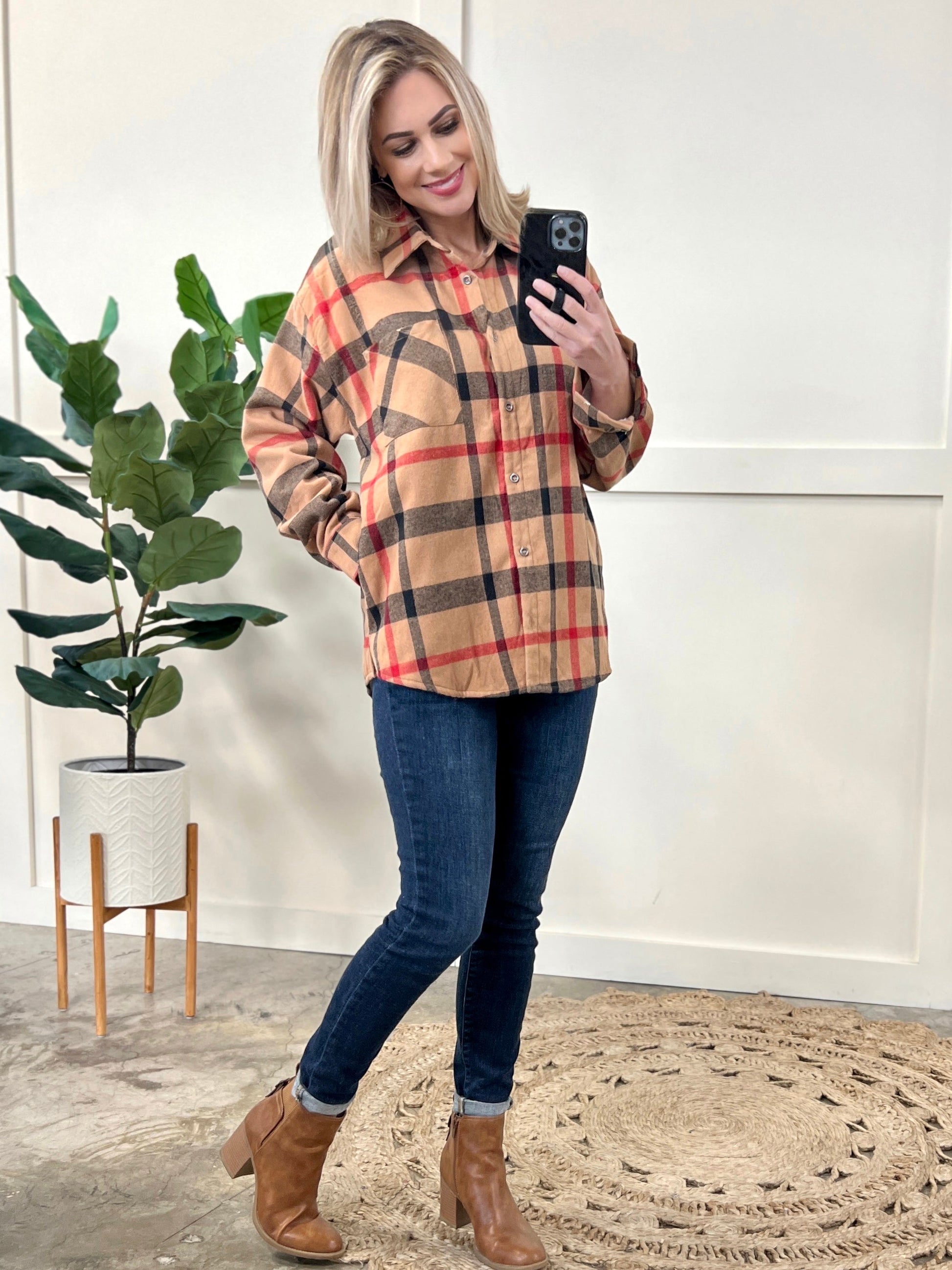 Minky Soft Plaid Shacket In Tan Tartan Check - Body By J'ne