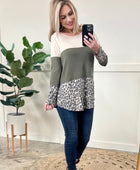 Color Block Tunic With Button Detailed Back In Olive & Animal Print - Body By J'ne