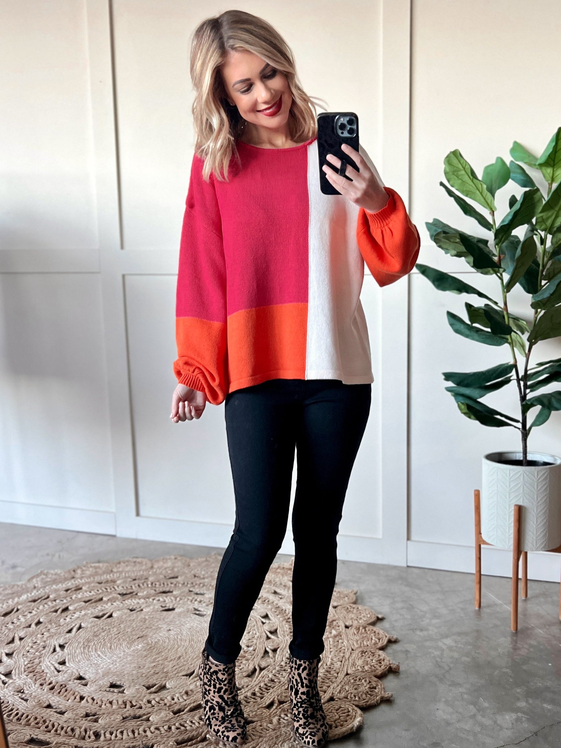 ColorBlock Knit Sweater In Pink, Orange & Ivory - Body By J'ne