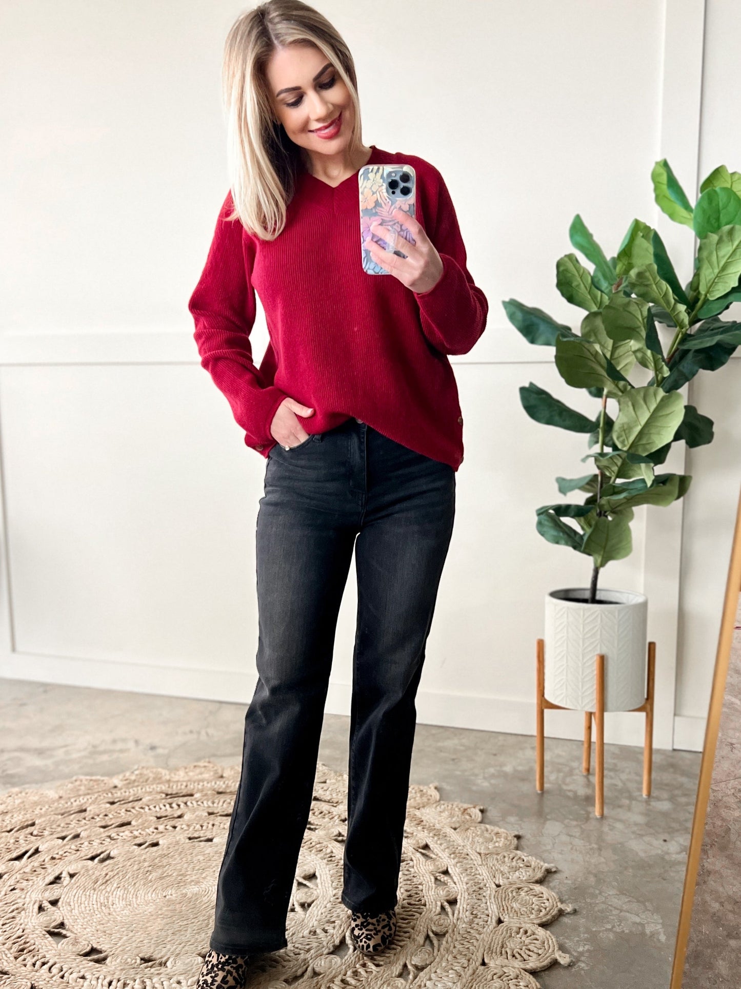 V Neck Knit Sweater With Side Button Detail In Red - Body By J'ne