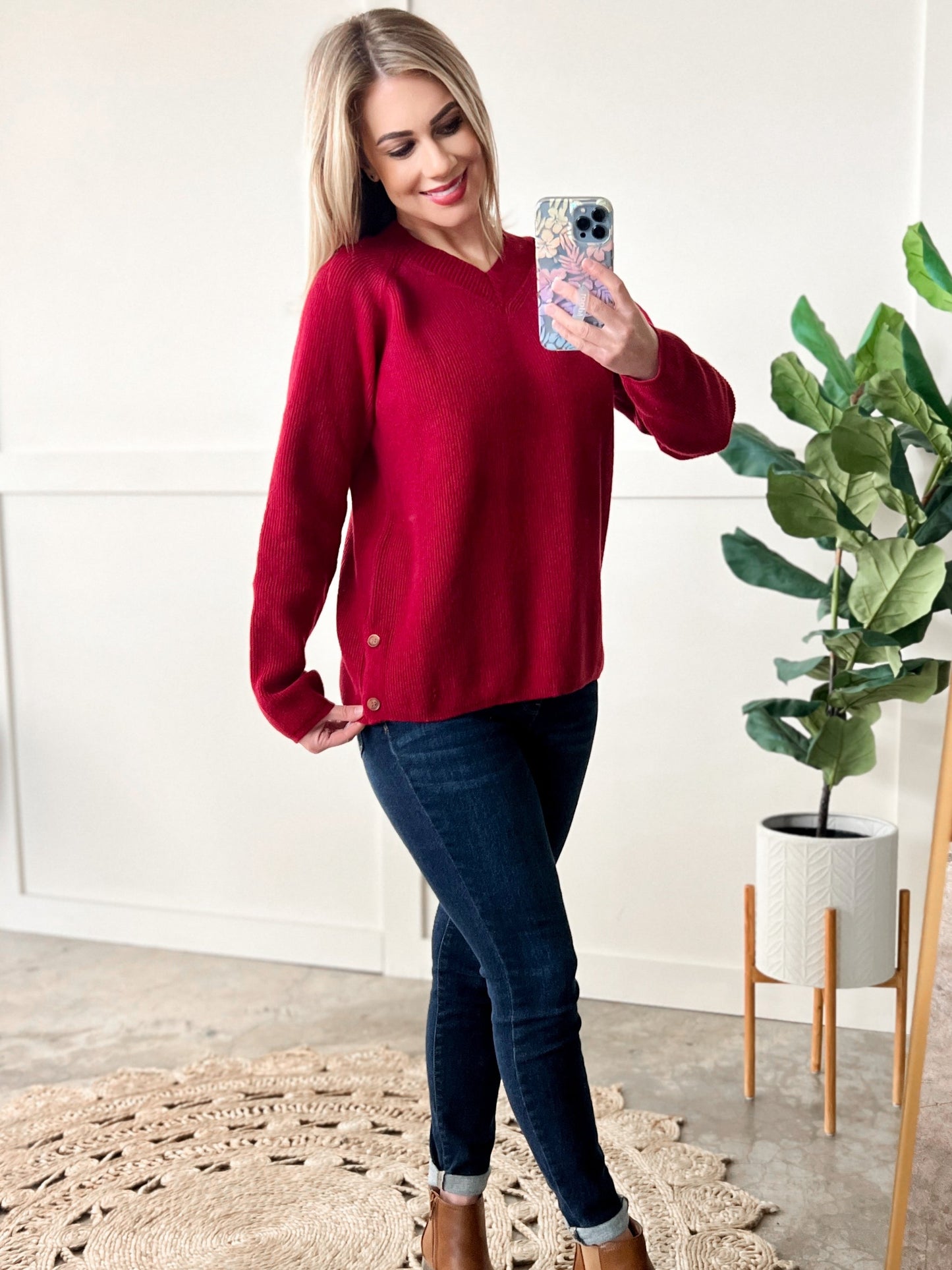 V Neck Knit Sweater With Side Button Detail In Red - Body By J'ne