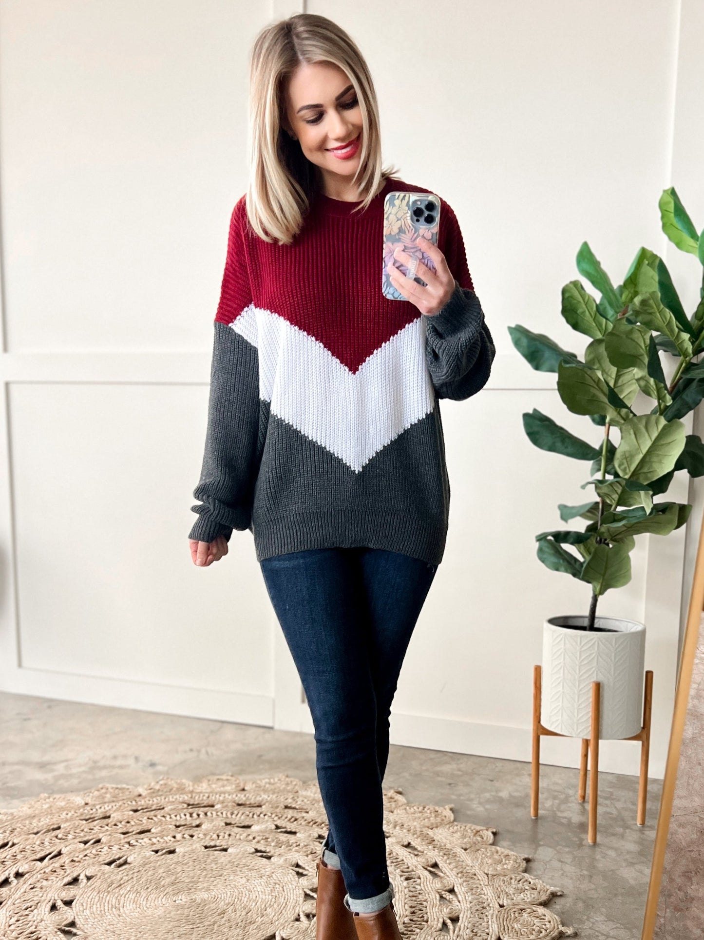 Cozy Knit Sweater In Burgundy White & Grey Chevron - Body By J'ne