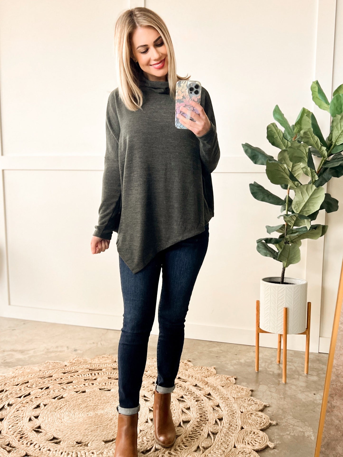 Mock Neck Top With Handkerchief Hem Detail In Spruce - Body By J'ne