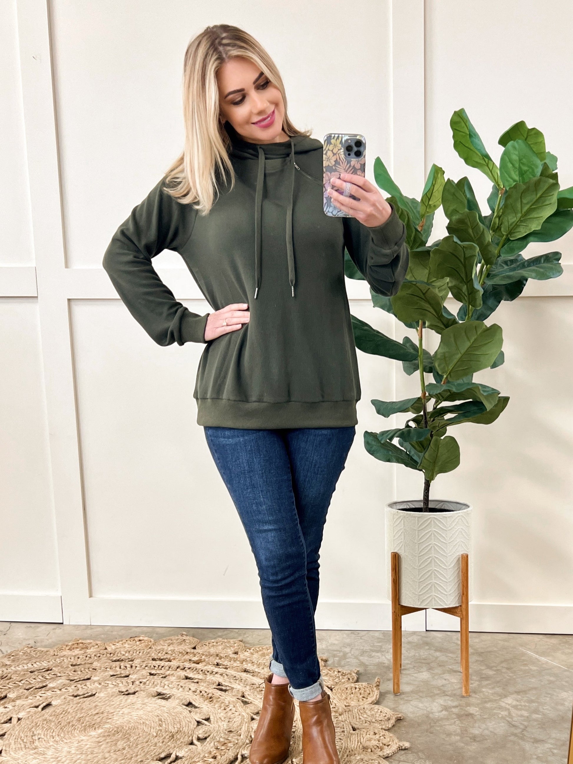 Thermal Pullover Hoodie With Zipper Detail In Olive - Body By J'ne