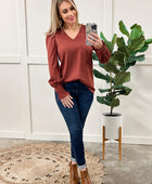 V Neck Top With Smocked Sleeve Detail In Urban Rose - Body By J'ne