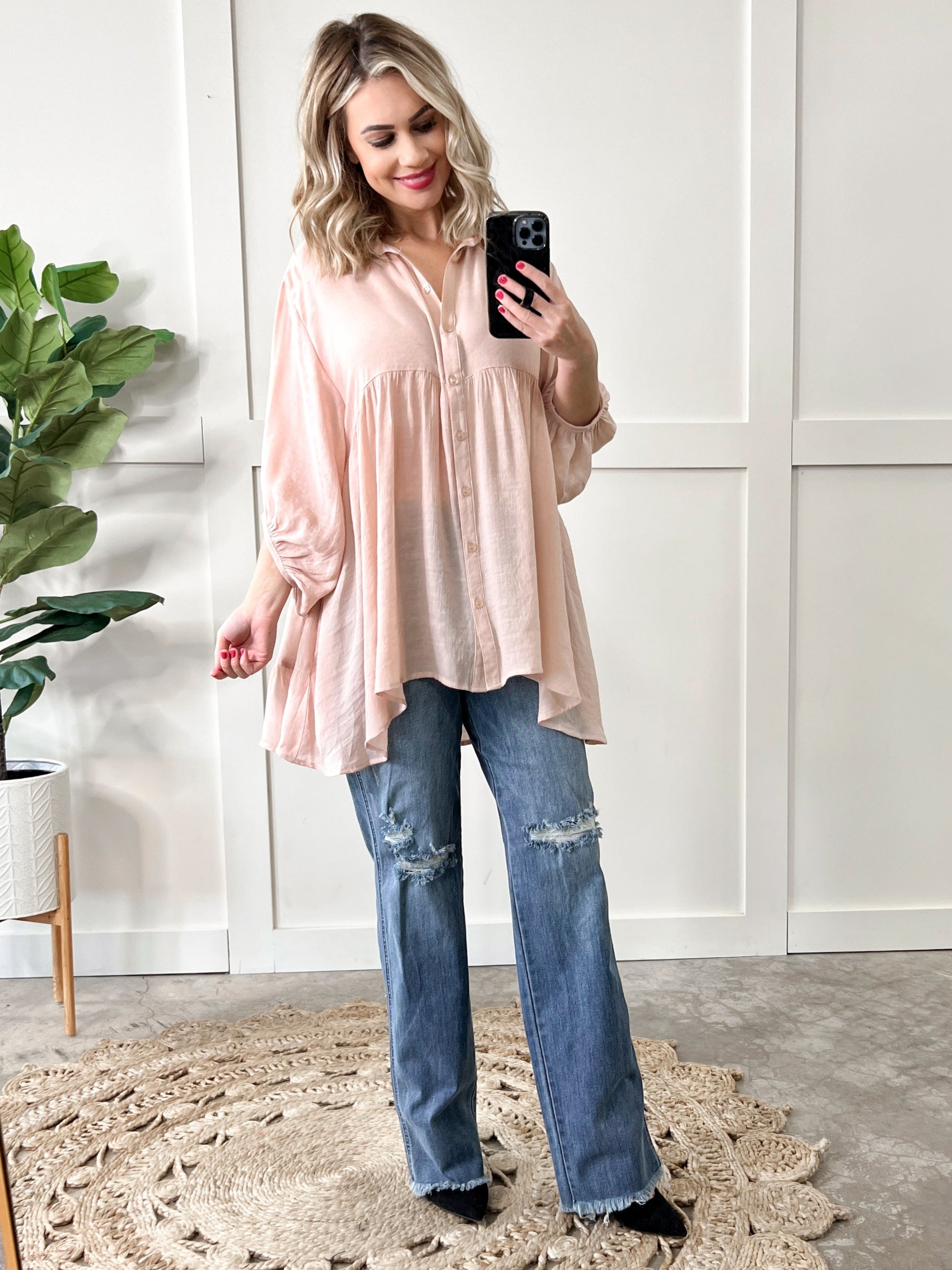 Tiered Bohemian Button Down Blouse In Soft Blush - Body By J'ne