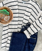 Knit Cardigan With Pockets In Beige & Charcoal Stripe - Body By J'ne