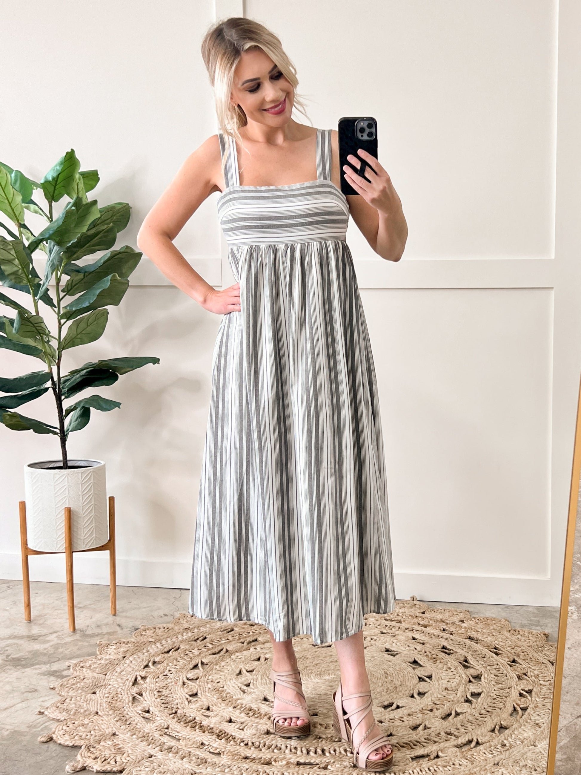 Smocked Maxi Dress In Grey & Ivory Stripes - Body By J'ne