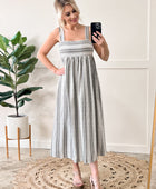 Smocked Maxi Dress In Grey & Ivory Stripes - Body By J'ne