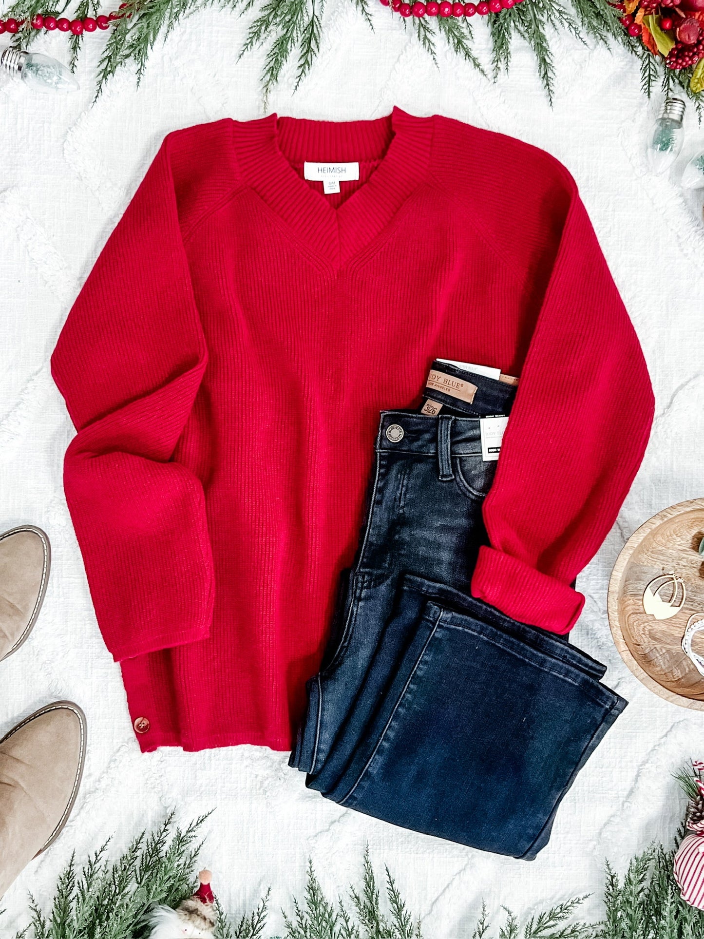 V Neck Knit Sweater With Side Button Detail In Red - Body By J'ne