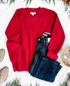 V Neck Knit Sweater With Side Button Detail In Red - Body By J'ne